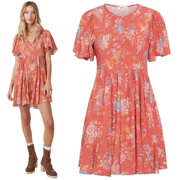 Spell and the Gypsy Meadowland Flutter Sleeve Mini Dress Poppy XS - Picture 1 of 10